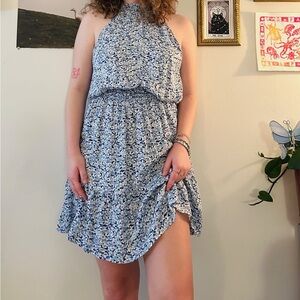 Chic Blue Floral Halter Dress